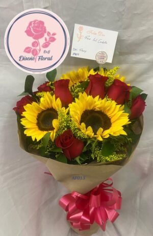 Bouquet rosas rojas y girasoles