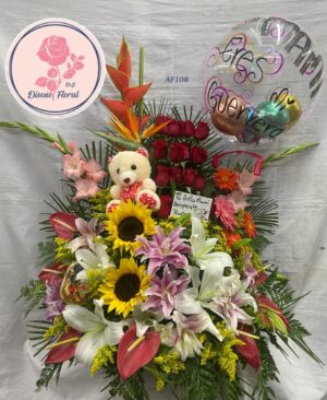 Arreglo tropical, peluche, chocolates  y globo