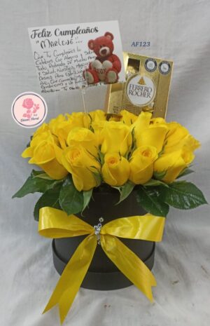 Caja de rosas amarillas y chocolates
