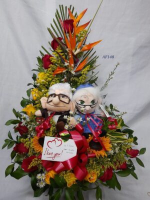 Arreglo floral rosas, aves y abuelitos