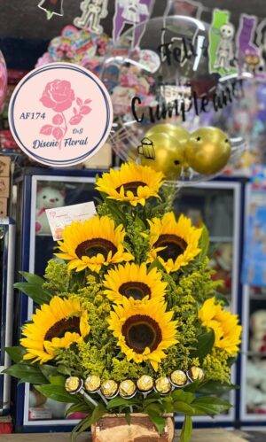 Arreglo girasoles, chocolates y burbuja personalizada
