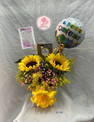 Caja de girasoles, globo y chocolates.