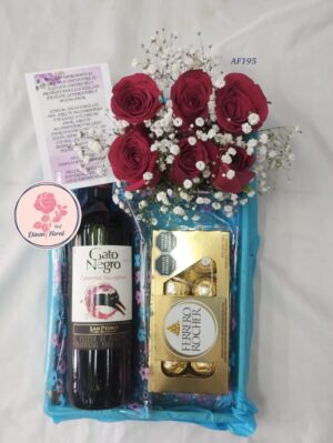 Caja decorativa vino gato negro, chocolates y rosas