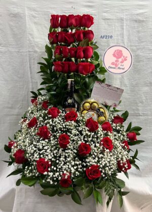 Arreglo floral rosas, baileys y chocolates