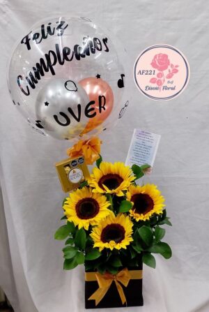 Caja de Girasoles, burbuja personalizada y chocolates