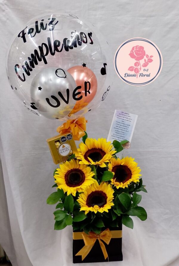 Caja de Girasoles, burbuja personalizada y chocolates